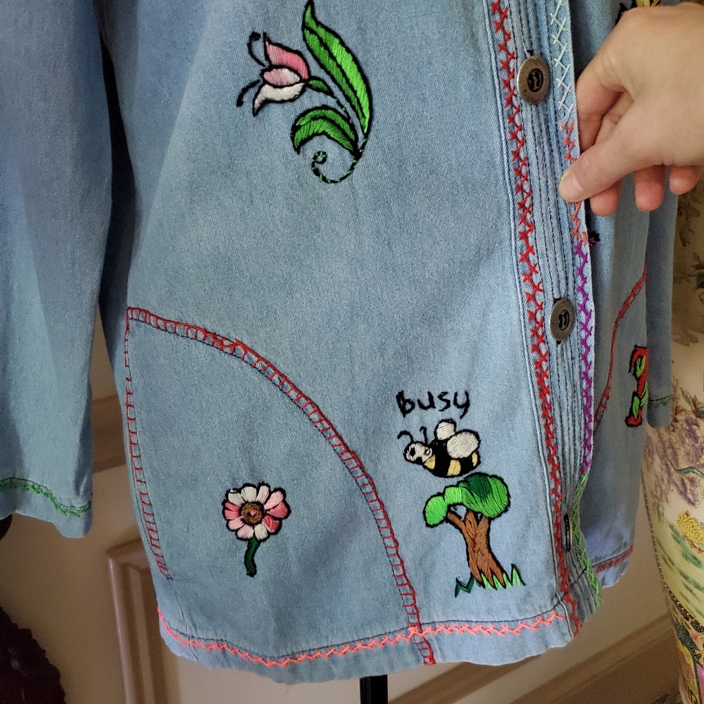Groovy Vintage Hand Embroidered Lightweight Denim Shacket - Picture 7 of 15